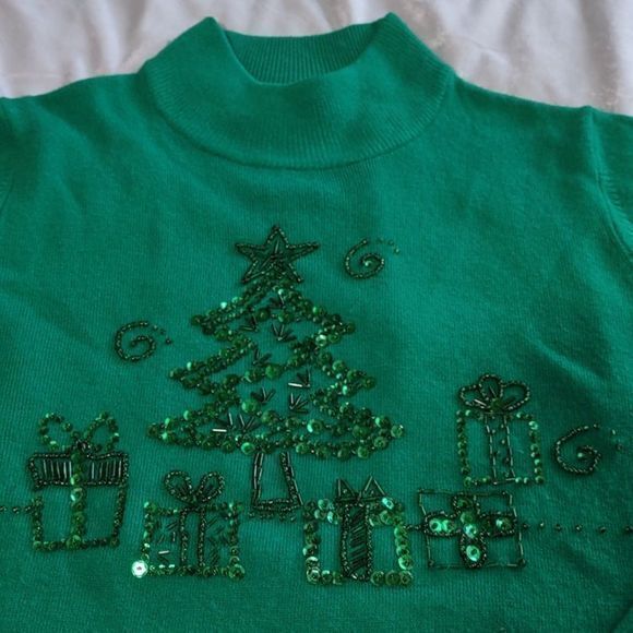 Vintage Quacker Factory Green Crew Neck Bedazzled Christmas Sweater‎ Sz S - Picture 1 of 7